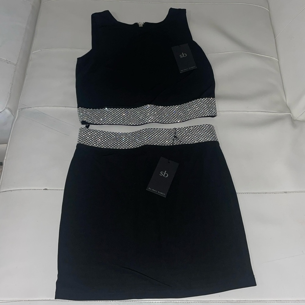 NWT SHERI BODELL rhinestone sparkly little black skirt top coord matching set S